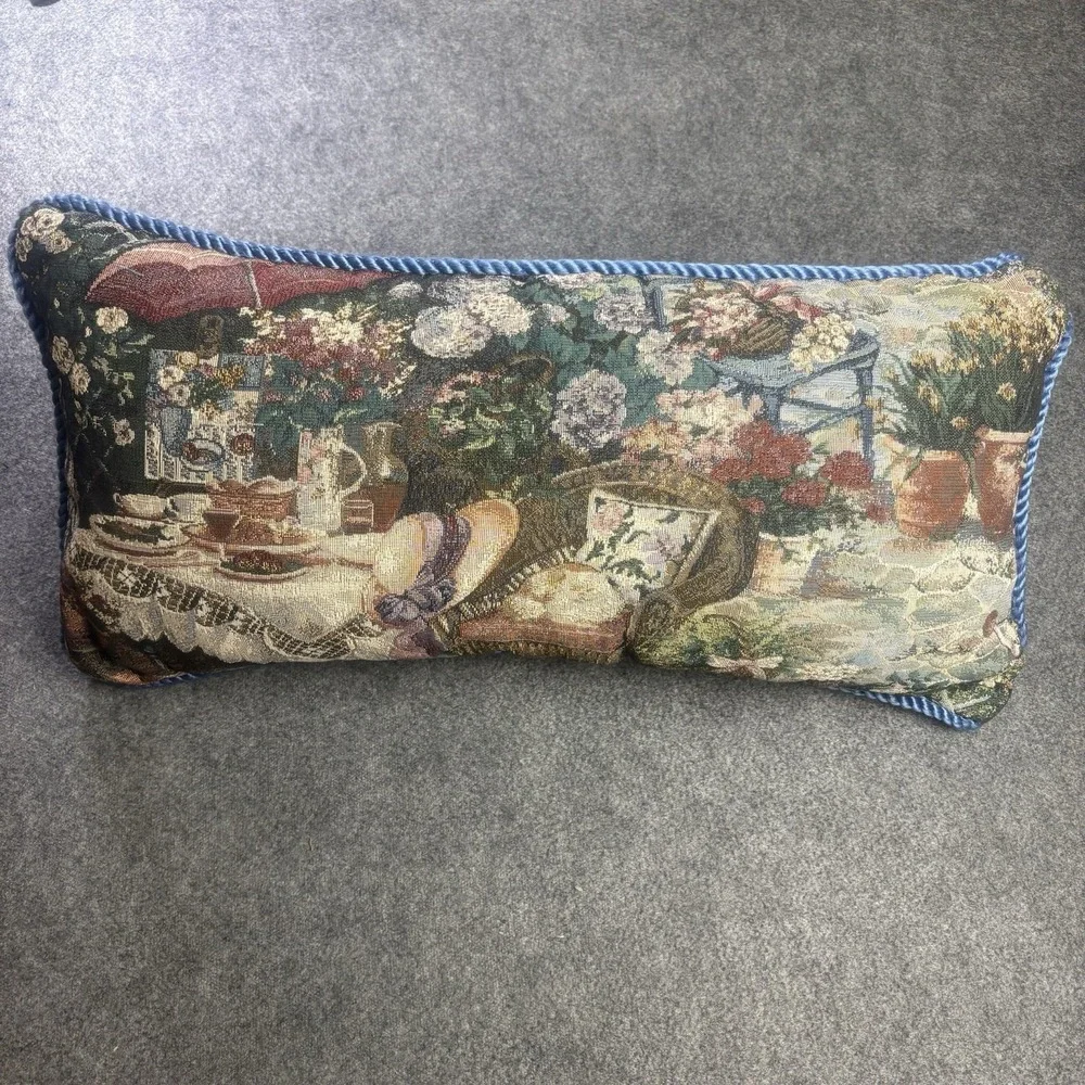 Vintage Floral Tapestry Lumbar Throw Pillow Blue Velvet Back 24x12